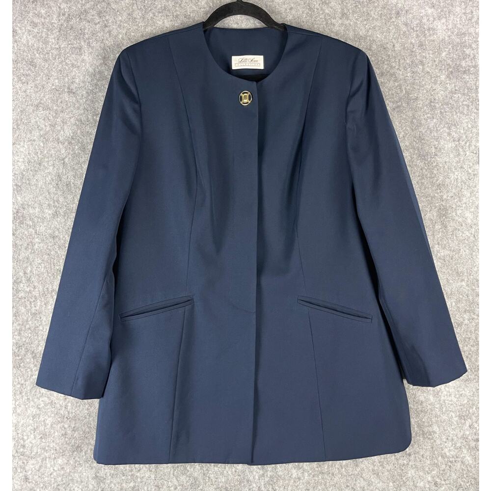 Vintage‎ Lilli Ann Long Blazer Jacket Womens Medium Blue Gold Button Career